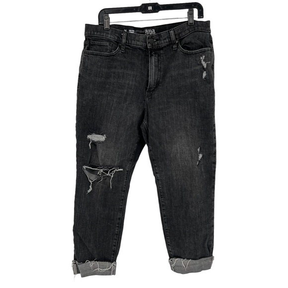 Ana Distressed Black Boyfriend Jeans Size 14 Cuffed High Rise Vintage Wash Denim - Picture 2 of 7